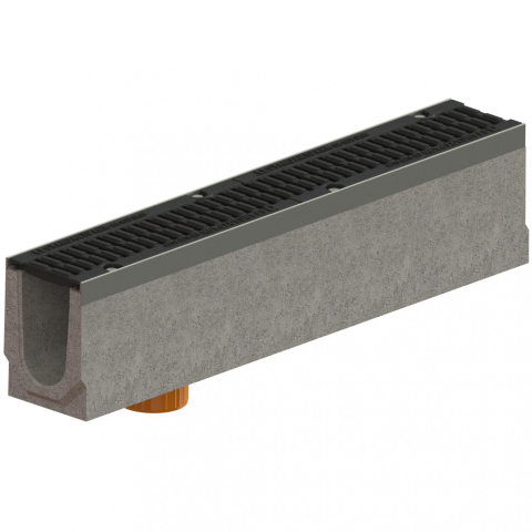 Rigole exterioare si accesorii - Kit rigola fibrobeton PRO LN100 Hext.160 muchii otel zincat, gratar fonta D400 iesire verticala DN110 1000x160x160 Vodaland gama Drain