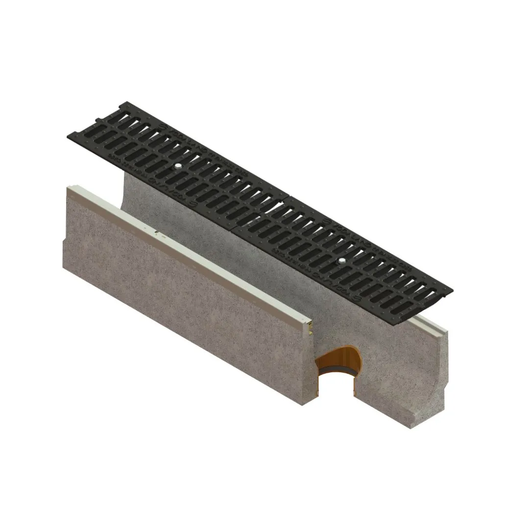 Instalatii de apa si canalizare - Kit rigola fibrobeton BASE LN150 Hext.225 cu ranforsari otel zincat gratar fonta C250 iesire verticala DN110 1000x212x225 Vodaland gama Drain