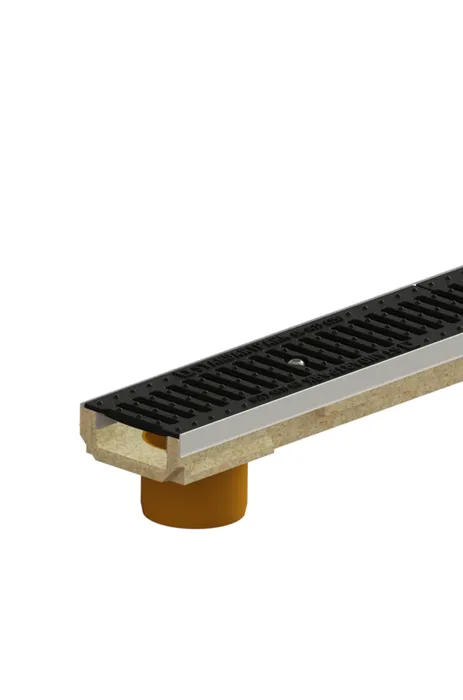 Kit-uri rigole - Kit rigola din polimerbeton seria model BASE, LN100 Hext.60 gratar din fonta clasica C250 iesire verticala D.110 1000x140x60 - Vodaland gama Drain