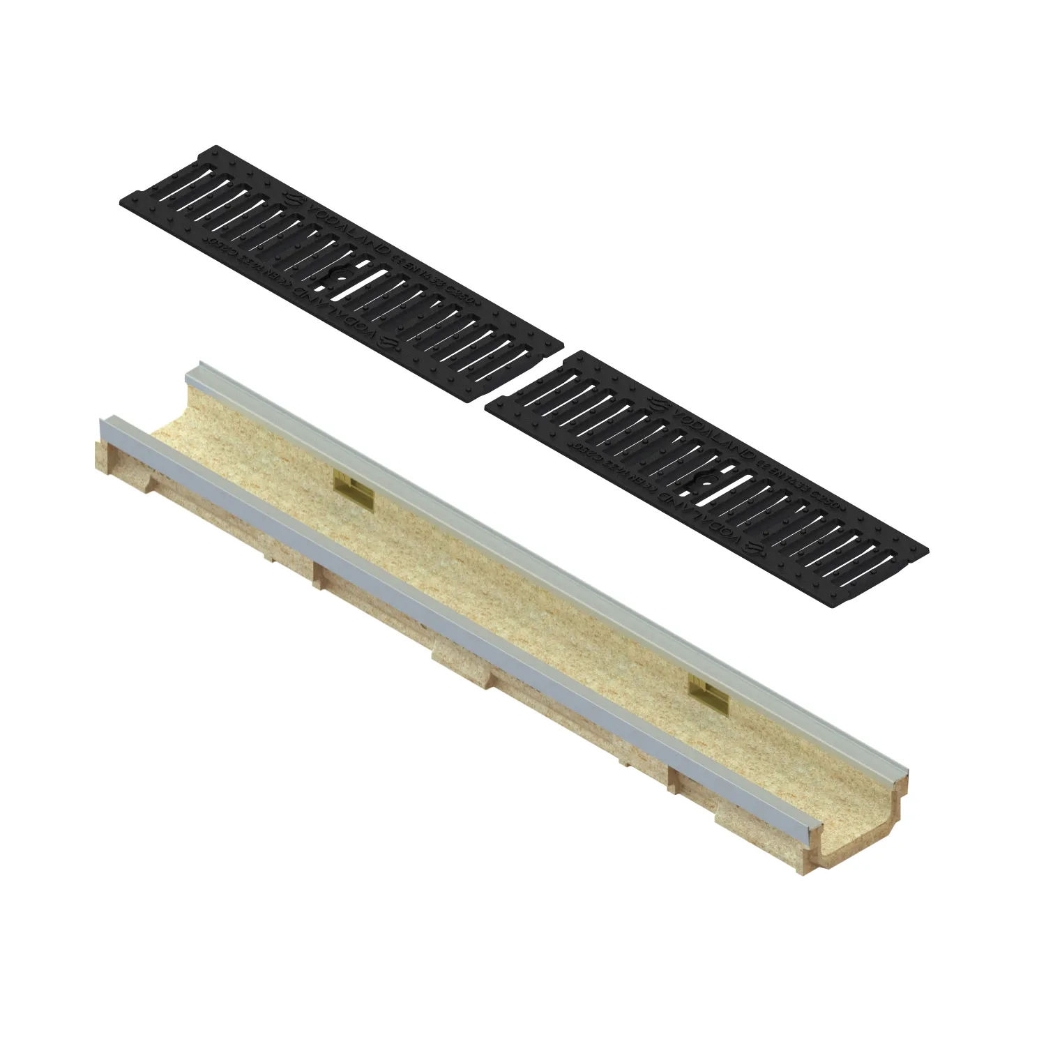 Rigole exterioare si accesorii - Kit rigola polimerbeton BASE LN100 Hext.67 gratar fonta clasica muchii otel zincat C250 1000x143x67 Vodaland gama Drain