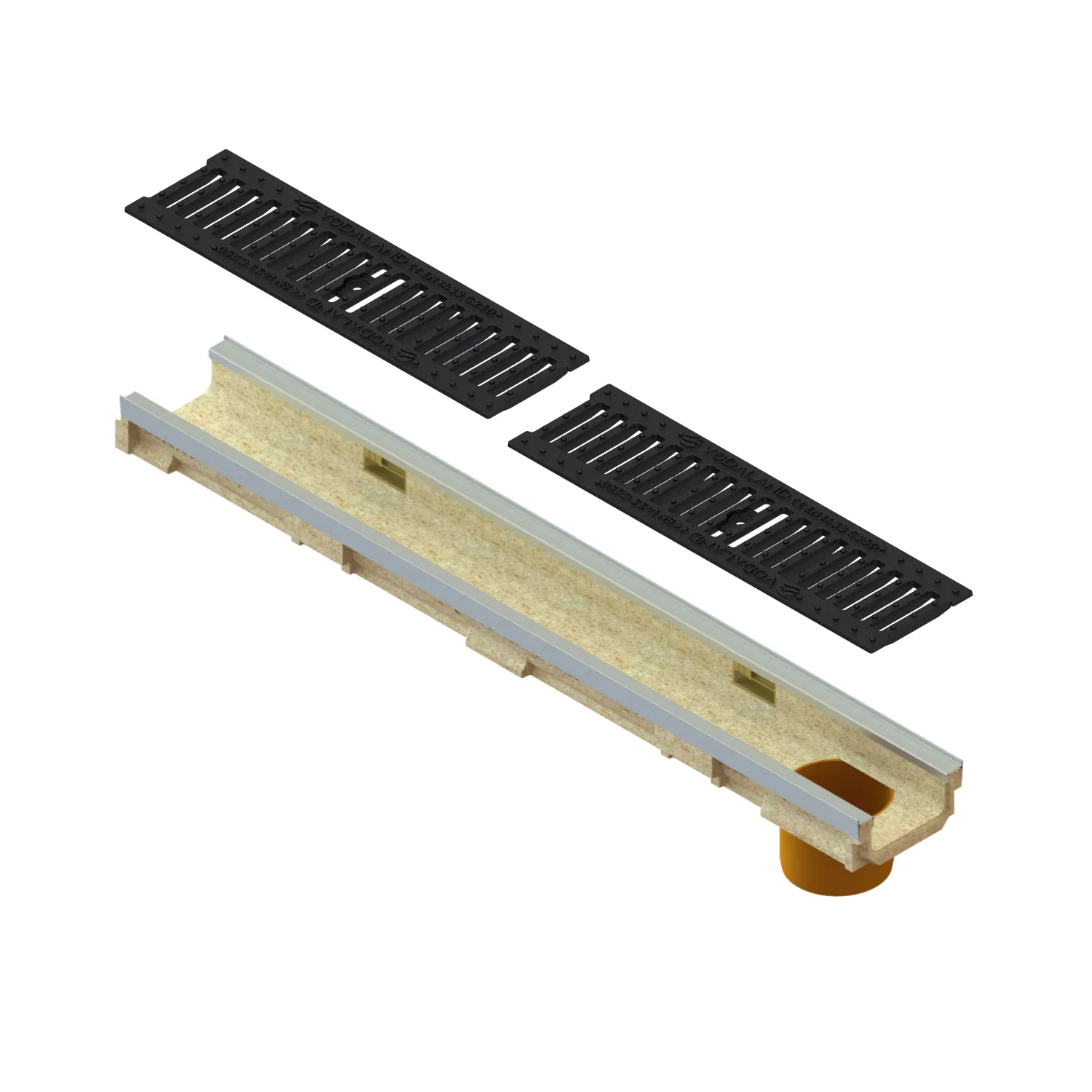 Instalatii de apa si canalizare - Kit rigola polimerbeton BASE LN100 Hext.67 gratar fonta clasica muchii otel zincat C250 iesire verticala D.110 1000x143x67 Vodaland gama Drain
