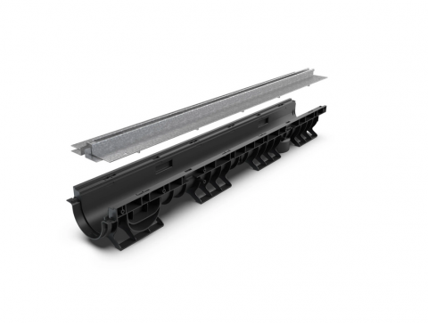 Kit-uri rigole - Kit rigola din polipropilena model BASE, LN100 Htot.145 gratar otel zincat tip Fanta T H25mm A15-C250 1000x156x145 - Vodaland gama Drain