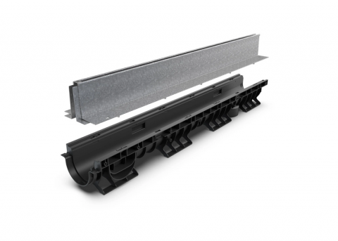 Kit rigola din polipropilena model BASE, LN100 Htot.220 gratar otel zincat tip Fanta T H100mm A15-C250 1000x156x220 - Vodaland gama Drain [1]