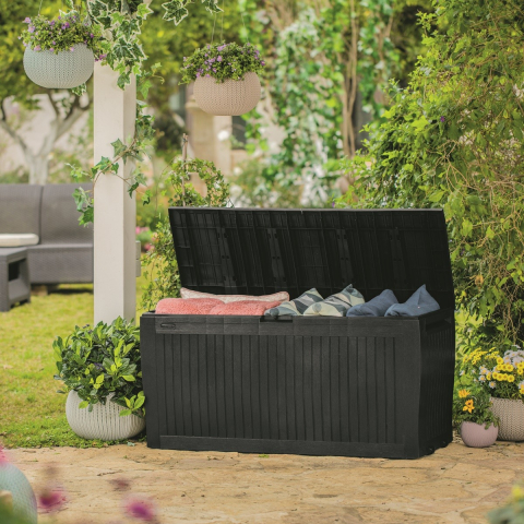 Casa si gradina - Cutie de depozitare pentru exterior pentru accesorii gradina si terasa cu capac material polipropilena culoare graphite Keter Comfy 270 L manere rezistenta UV
