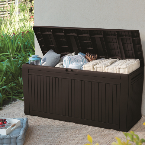 Casa si gradina - Cutie pentru depozitare gradina pentru unelte si jucarii capac material plastic rezistent UV maro Keter Comfy 270L manere imitatie lemn
