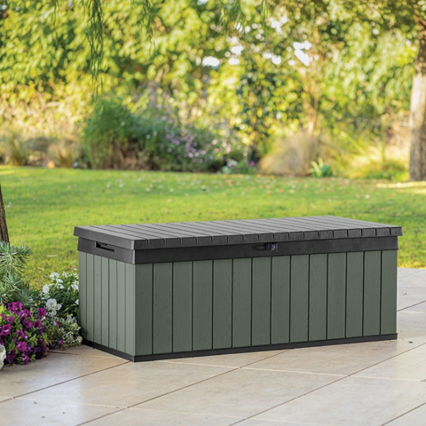 Casa si gradina - Lada depozitare gradina pentru accesorii cu capac material polipropilena culoare verde olive Keter colectia Darwin dimensiuni 142.5x65.3x54.5 capacitate 380 L