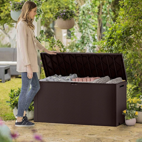 Casa si gradina - Lada depozitare exterior pentru gradina pentru unelte cu capac material plastic culoare maro Keter Emily 270 L rezistenta UV