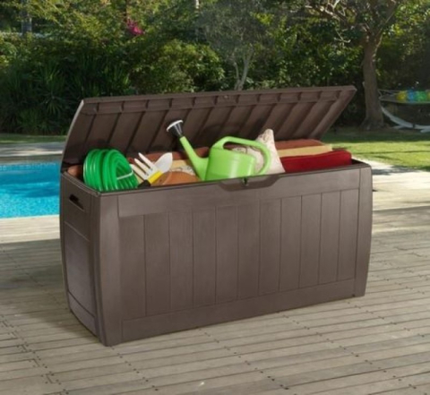 Casa si gradina - Lada depozitare exterior pentru accesorii gradina si terasa cu capac material polipropilena culoare maro Keter Hollywood 270 L cu sistem inchidere si manere