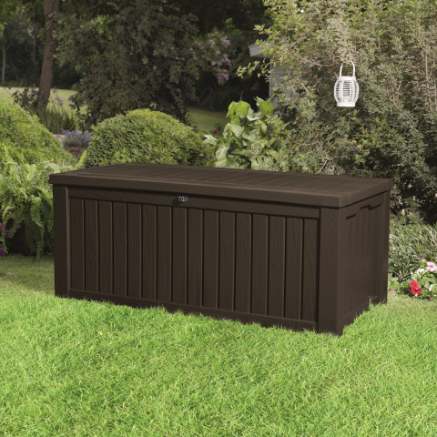 Casa si gradina - Lada depozitare cu capac de exterior pentru unelte si jucarii material polipropilena culoare maro Keter Rockwood dimensiuni 155x72.4x64.4 cm sistem inchidere manere capacitate 570 L
