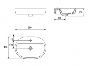 Lavoar oval pentru blat, A=42 x H=10.5 x L=59.5 cm., Cersanit Caspia 60 [3]