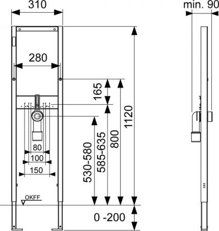 Modul lavoar TECEbase, l = 310 mm, H1120 mm reglabil, cu sistem de fixare [1]