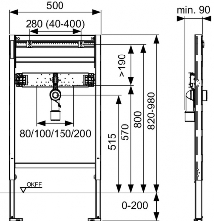 Modul lavoar TECEprofil cu cot scurgere DN 40/50, l = 500 mm, H 820-980 mm [1]