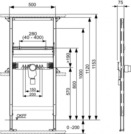 Modul lavoar TECEprofil cu sifon de scurgere DN50, l = 500 mm, H1120 mm [1]