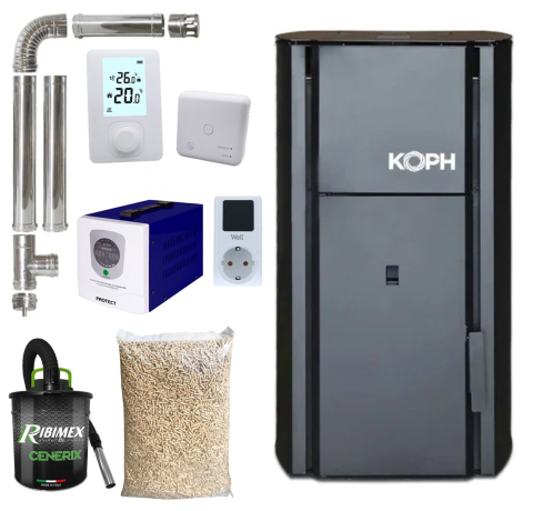Cazane pe peleti - Pachet centrala cu peleti KOPH PM 25 kW, 160 mp, buncar peleti 25 kg, diametru cos fum ⌀80 mm, manta apa 28 litri, pompa recirculare si vas expansiune incorporate, Sursa KOPH 700 W + Stecher Schuko cu