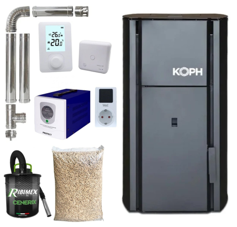 Cazane pe peleti - Pachet centrala cu peleti KOPH PM 30 kW, 200 mp, buncar peleti 30 kg, diametru cos fum ⌀80 mm, manta apa 30 litri, pompa recirculare si vas expansiune incorporate, Sursa KOPH 700 W + Stecher Schuko cu