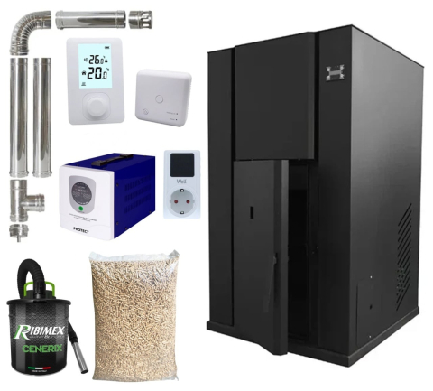 Cazane pe peleti - Pachet centrala termica cu peleti KOPH PM 40 kW, 250 mp, buncar peleti 100 kg, diametru cos fum ⌀100 mm, pompa recirculare si vas expansiune incorporate, Sursa KOPH 700 W + Stecher Schuko cu protectie