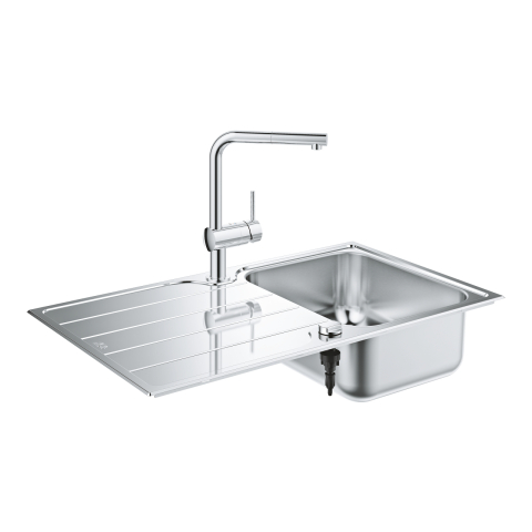 Obiecte sanitare - Pachet chiuveta de bucatarie Grohe Minta, 860 x 500 mm, montare pe blat, reversibila, baterie inalta, 3/8'', tip L, dus extractabil, crom
