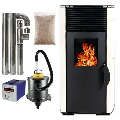 Incalzire - Pachet soba pe peleti KOPH PD 10 kW, cu aer cald, buncar peleti 12 kg, 60 mp, Alb