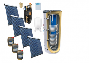 Pachete panouri solare cu tuburi vidate - Pachet solar, aport la incalzire si ACM, 200 tuburi vidate, Puffer bivalent 1000 litri, Heat Pipe Panosol C402