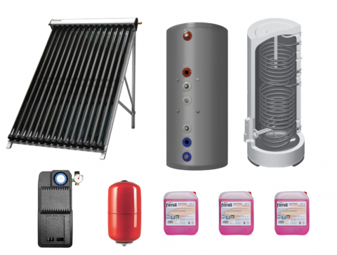 Pachete panouri solare cu tuburi vidate - Pachet solar Ferroli Ecotube New 1 panou x 25 tuburi, boiler Ecounit 200 litri cu 2 serpentine, grup circulatie, panou comanda, antigel solar, vas expansiune