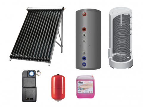 Pachete panouri solare cu tuburi vidate - Pachet solar Ferroli Ecotube New 1 panou x 25 tuburi, boiler Ecounit 200 litri cu 2 serpentine, pompa circulatie, panou comanda, antigel solar, vas expansiune 24 litri