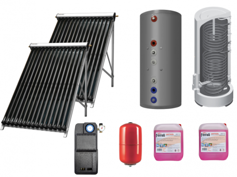Panouri solare pentru apa calda menajera - Pachet solar Ferroli Ecotube New 2 panouri x 20 tuburi, boiler Ecounit 300 litri cu 2 serpentine, grup circulatie, panou comanda, antigel solar, vas expansiune 24 litri