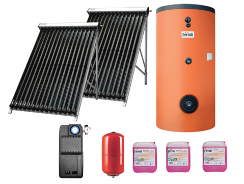 Pachete panouri solare cu tuburi vidate - Pachet solar Ferroli Ecotube New 2 panouri x 25 tuburi, boiler Ecounit 500 litri cu 2 serpentine, grup circulatie, panou comanda, antigel solar, vas expansiune