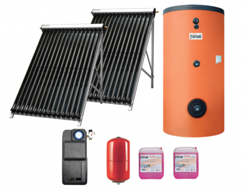 Pachete panouri solare cu tuburi vidate - Pachet solar Ferroli Ecotube New 2 panouri x 25 tuburi, boiler Ecounit 500 litri cu 2 serpentine, pompa circulatie, panou comanda, antigel solar, vas expansiune 35 litri
