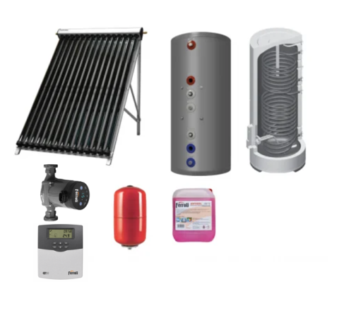 Pachete complete panouri solare - Pachet solar Ferroli Ecotube New BASIC 1 panou x 25 tuburi, boiler Ecounit 200 litri cu 2 serpentine, pompa circulatie, controler WiFi, antigel solar, vas expansiune 24 litri