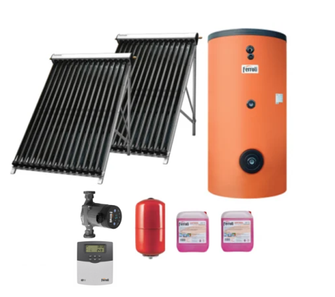 Pachete complete panouri solare - Pachet solar Ferroli Ecotube New BASIC 2 panouri x 25 tuburi, boiler Ecounit 500 litri cu 2 serpentine, pompa circulatie, controler WiFi, antigel solar, vas expansiune 35 litri