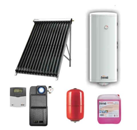 Panouri solare si fotovoltaice - Pachet solar Ferroli Ecotube New CONFORT 1 panou x 20 tuburi, boiler Ecounit DW 150 litri cu 2 serpentine, grup circulatie, controler WiFi, antigel solar, vas expansiune 35 litri