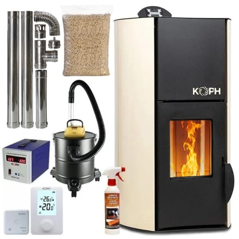Incalzire - Pachet termosemineu cu peleti KOPH PM 18 kW, 120 mp, buncar 15 kg, diametru cos fum ⌀80 mm, pompa recirculare si vas expansiune incorporate, Crem