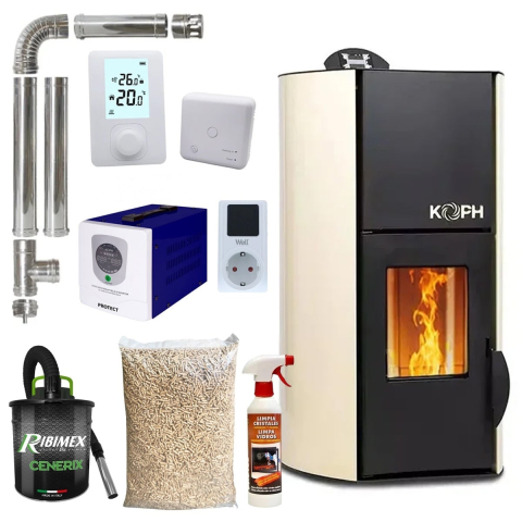 Termoseminee si sobe pe peleti - Pachet termosemineu cu peleti KOPH PM 25 kW Fiama, 160 mp, buncar peleti 25 kg, diametru cos fum ⌀80 mm, pompa recirculare si vas expansiune incorporate, Sursa KOPH 700 W + Stecher Schuko cu protectie