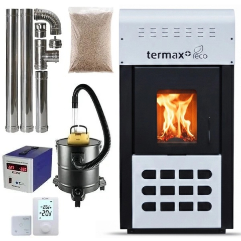 Termoseminee si sobe pe peleti - Pachet termosemineu pe peleti Termax Kamin ECO 25 kW alb cu termostat ambiental