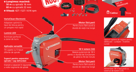 R600 Varioclean Rothenberger masina de desfundat tevi si canale, cu acumulatori, 18V, 8.0 Ah CAS, utilizare recomandata Ø 20–150 mm [1]