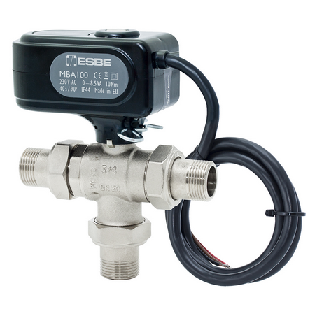 Robineti motorizabili - Robinet cu bila cu 3 cai motorizat, PN32, on/off, 230V, presiune închidere 10bar, etanș, cu semi-olandezi pe toate porturile racord filet exterior 1”, DN25, cu contact auxiliar SPST si rezistor anti-condens