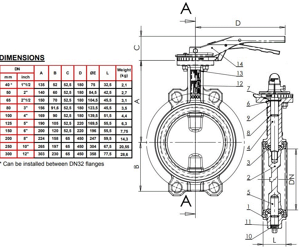 Robinet cu clapa fluture, disc fonta, DN40, TECOFI Tecfly [1]