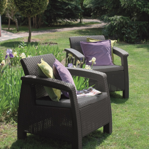 Casa si gradina - Set 2 fotolii pentru gradina polipropilena Keter Corfu grafit cu doua perne cu doua cotiere spatar 75x70x79 cm