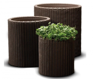Casa si gradina - Set 3 ghivece cilindrice, maro, imitatie de ratan, Keter S M L