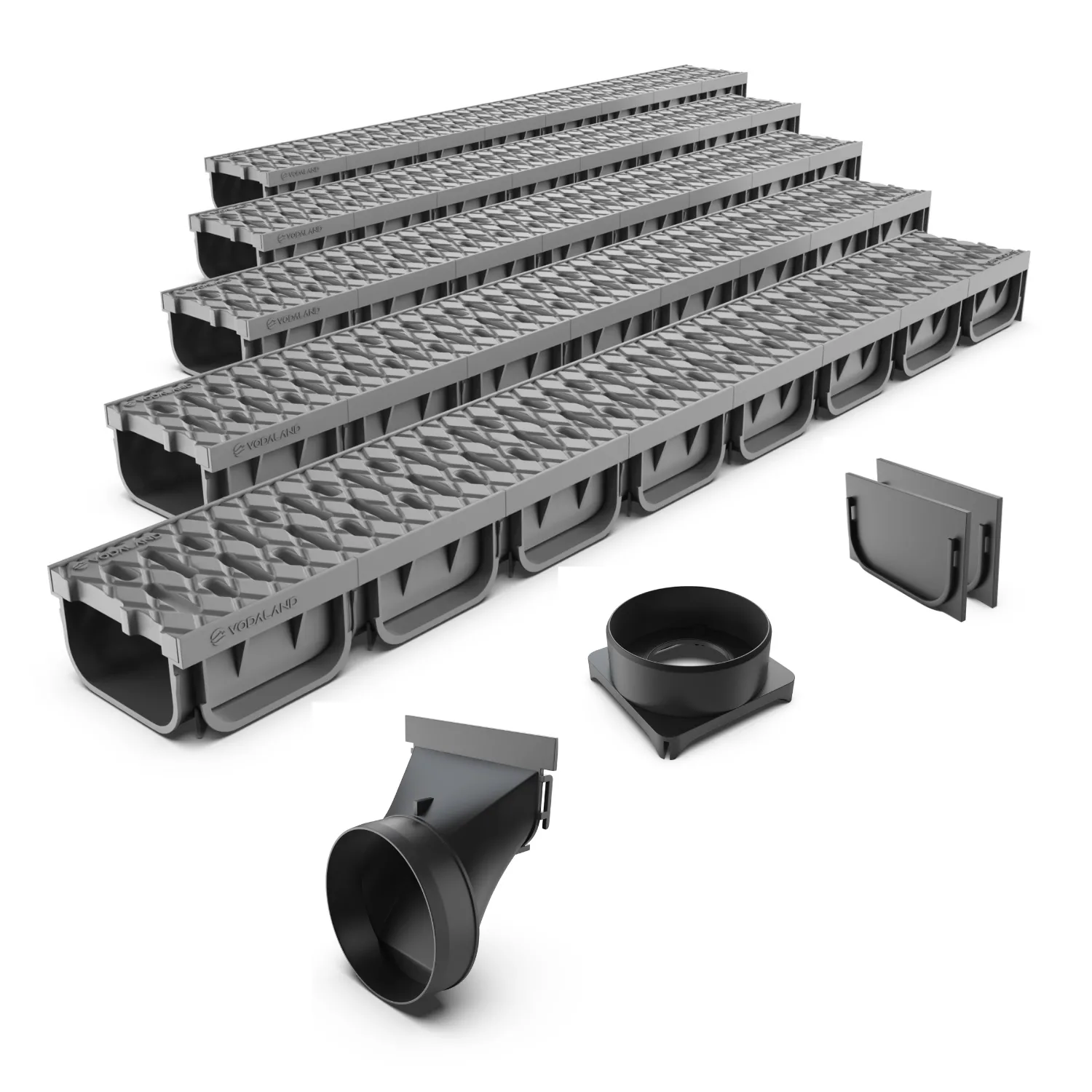 Instalatii de apa si canalizare - Set 5 ml rigole drenaj PP EASY 2 LN100 Hext.70 gratar PP Gri cu accesorii 5000x125x70 Vodaland gama Drain