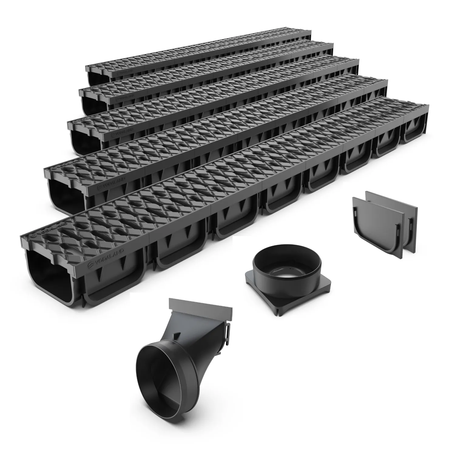 Instalatii de apa si canalizare - Set 5 ml rigole drenaj PP EASY 2 LN100 Hext.70 gratar PP Negru cu accesorii 5000x125x70 Vodaland gama Drain