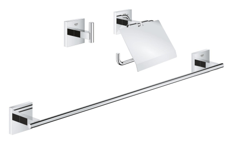 Obiecte sanitare - Set accesorii baie Grohe Start Cube accessory set 3-in-1, montare pe perete, fixare ascunsa, agatatoare prosop, suport hartie igienica, bara prosop, crom