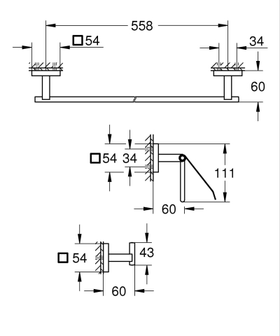 Set accesorii baie Grohe Start Cube accessory set 3-in-1, montare pe perete, fixare ascunsa, agatatoare prosop, suport hartie igienica, bara prosop, crom [1]