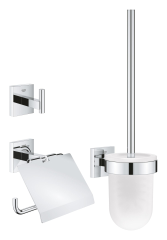 Obiecte sanitare - Set accesorii baie Grohe Start Cube accessory set 3-in-1, montare pe perete, fixare ascunsa, agatatoare prosop, suport hartie igienica, perie WC, crom