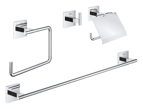 Obiecte sanitare - Set accesorii baie Grohe Start Cube accessory set 4-in-1, montare pe perete, fixare ascunsa, agatatoare prosop, suport hartie igienica, inel prosop, bara prosop, crom