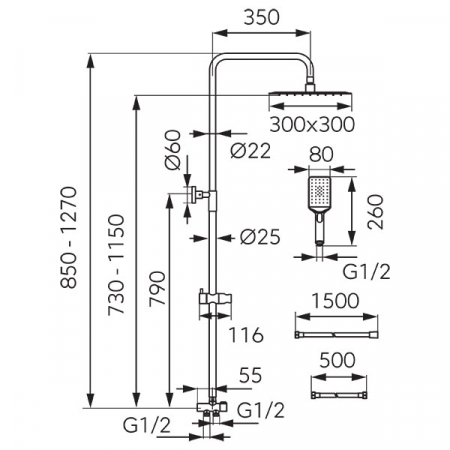 Set bara dus cu suport culisant, dus fix si para dus mobila Ferro Wizard Square Pro, crom [1]