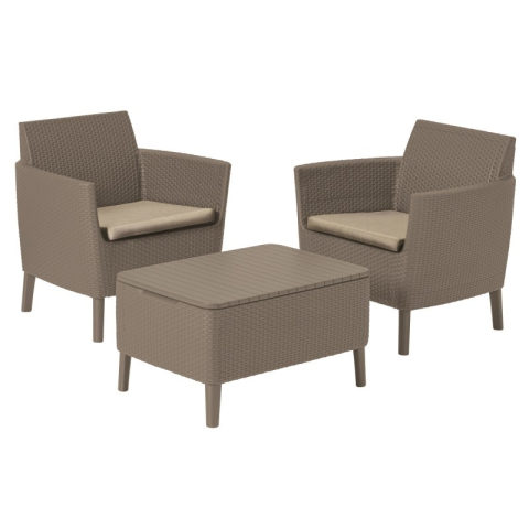Casa si gradina - Set mobilier de gradina polipropilena Keter Salemo pentru balcon sau terasa cu masuta 2 fotolii culoare cappuccino perne gri rezistent UV si intemperii