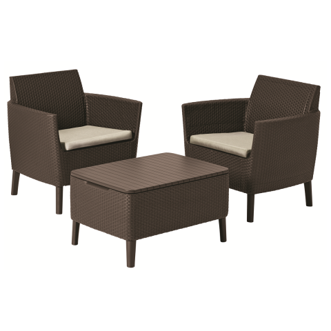 Casa si gradina - Set mobilier pentru balcon imitatie ratan Keter Salemo maro pentru exterior cu masuta de cafea si 2 fotolii perne incluse rezistent UV
