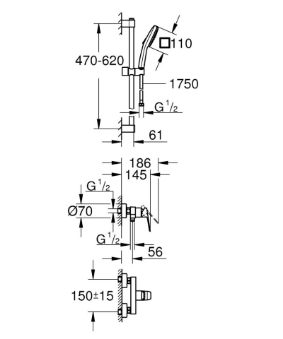 Set de dus Grohe Cubeo SilkMove shw aparenta, monocomanda, cartus ceramic, montare pe perete, coloana de dus, 600 mm, 2 functii, furtun de dus, 1.75m, negru mat [3]
