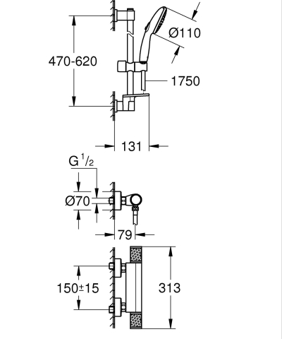 Sisteme de dus - Set de dus Grohe Precision Feel 600, aparent, termostat, anti-oparire, coloana de dus, etajera, anti-calcar, crom